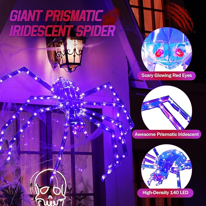 Prismatic Iridescent Giant Spider, 52" Pre-lit Large Outdoor Scary Prismatic Spider Decorations for Halloween 140 LED Light Up Giant Spider Outdoor Halloween Decorations for Garden, Yard, Porch-Ruum Studio Home