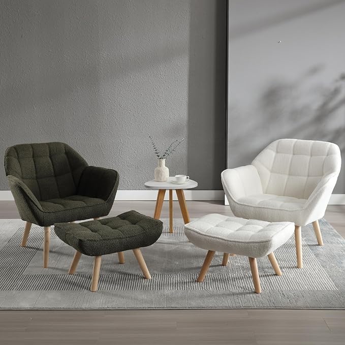 Modern Sherpa Accent Chair with Ottoman Set of 2, Fluffy Upholstered Lounge Chair with Footrest, Comfy Living Room Side Boucle Armchair for Small Space Bedroom, White-Ruum Studio Home