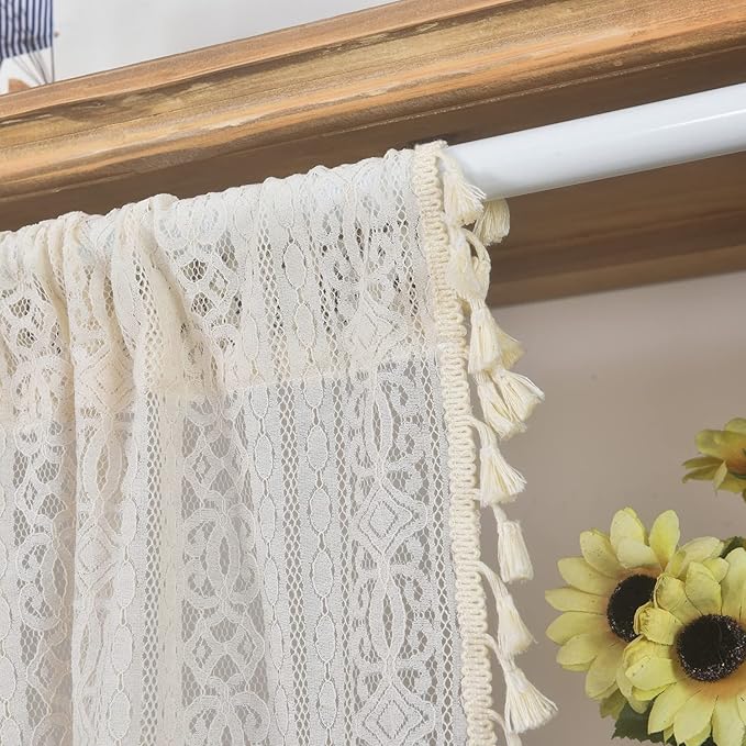 Sutuo Home Boho Sheer Curtain Valance Crochet Lace with Bohemian Hollow Knitted Handmade Tassels, Short Rustic Window Treatment for Kitchen Cafe, Rod Pocket, 1 Panel 59" W x 18" L, Beige-Ruum Studio Home