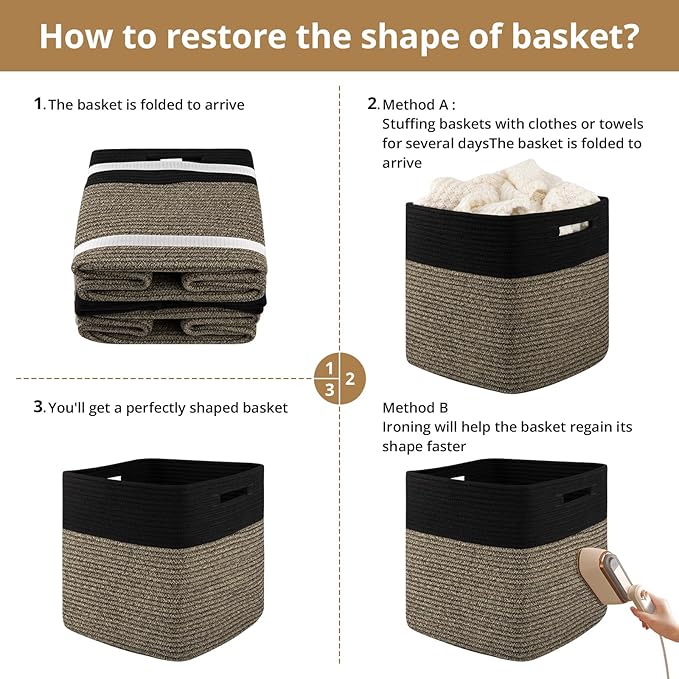 OIAHOMY 13 Kallax Inch Cube Storage Bins, 3-Pack Cotton Rope Woven Baskets for Organizing, Kallax Insert Storage Baskets for Shelves, Baby Nursery, Closet Organizer, 13*13*12.6IN, Black & Mixed Brown-Ruum Studio Home