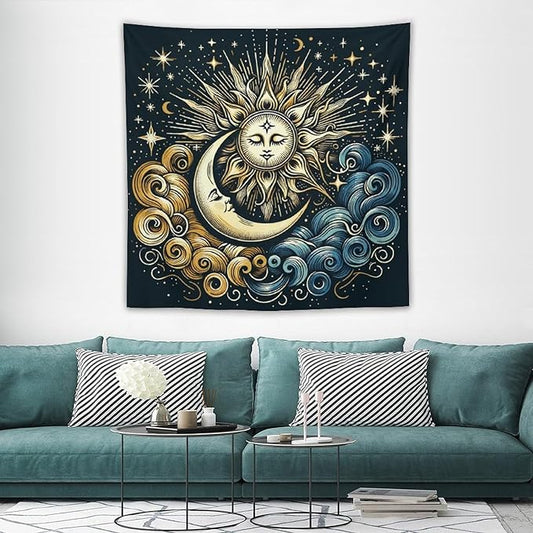 HZOHNAGO Sun Moon Tapestry Boho Golden Stars Pattern Printed Wall Tapestry Wall Hanging for Bedroom Living Room Dorm 60" W x 60" H-Ruum Studio Home
