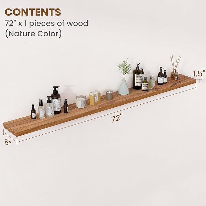 Floating Shelves for Wall Decor, 8" Deep Rustic Solid Elm Wood Floating Shelves Wall Mounted, Wall Shelves with Invisible Bracket for Living Room Bathroom Bedroom Kitchen, 72 Inch Set of 1, Natural-Ruum Studio Home