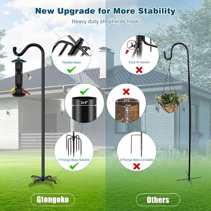 Gtongoko Adjustable Shepherds Hooks for Outdoor 76 Inch Bird Feeder Pole with 7 Prongs Base, 3/4 Inch Thick Heavy Duty for Hanging Bird Feeder, Plant Baskets,1 Pack-Ruum Studio Home