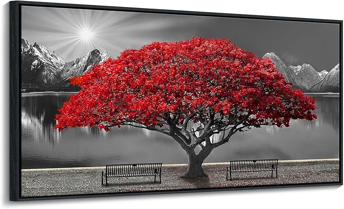 Framed Black and White Red Tree Wall Art Canvas Print Picture Large Red Tree Landscape Modern Artwork for Living Room Bedroom Office Home Wall Decor With 24X48inch-Ruum Studio Home