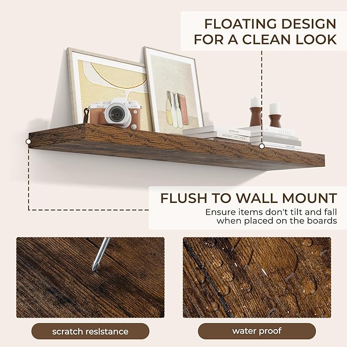 RICHFOCUS 40Inch Floating Shelves for Wall 2 Pack Shelves for Bedroom|Kitchen|Bathroom Wall Mounted Rustic Wood Floating Shelf with Invisible Brackets for Books|Storage|Decor, Rustic Brown-Ruum Studio Home