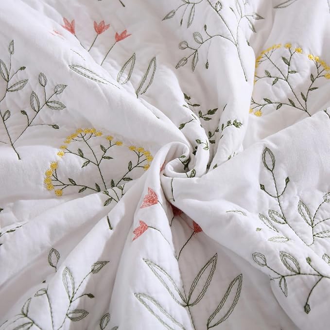 MarCielo 3-Piece 100% Cotton Oversized Bedspread Lightweight Quilt Coverlet Embroidery Farmhouse Bedding Set(TL Floral White,Oversized Queen (100"x106"))-Ruum Studio Home