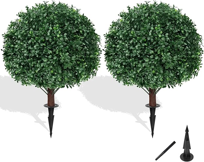 Artificial Boxwood Topiary Ball Tree with Ground Spike, Set of 2 Artificial Shrub Bushes, Fake Evergreen Tree for Porch, Artificial Plants for Outdoor Planters Indoor UV Resistant-Ruum Studio Home