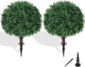 Artificial Boxwood Topiary Ball Tree with Ground Spike, Set of 2 Artificial Shrub Bushes, Fake Evergreen Tree for Porch, Artificial Plants for Outdoor Planters Indoor UV Resistant-Ruum Studio Home