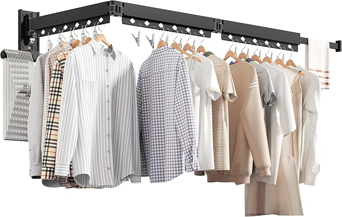 Wall Mounted Clothes Hanger, Aluminum Clothes Drying Rack, Space Saver, Retractable, Windproof Holes, with Clips-Ruum Studio Home