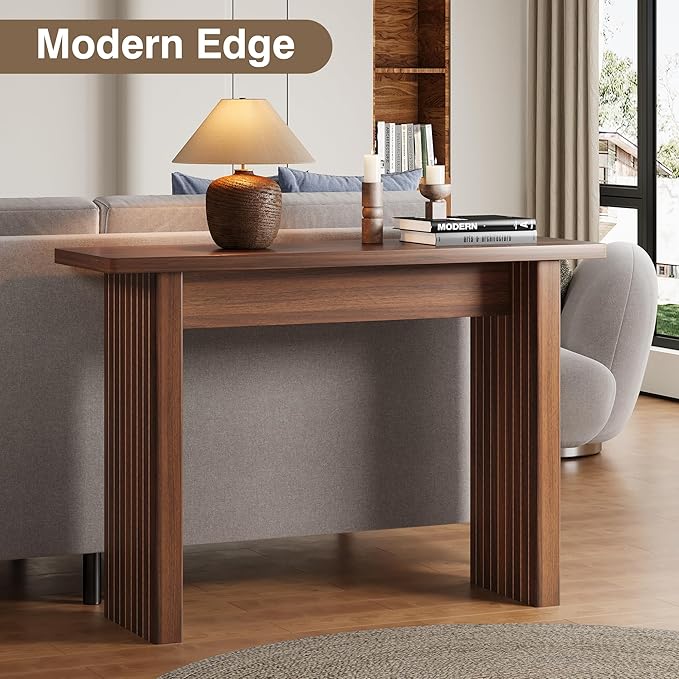 AVZEAR Mid Century Narrow Entryway Console Table, 43.3" Fluted Wood Couch Table Behind Sofa Long and Skinny for Living Room Hallway Entrance Foyer, Walnut-Ruum Studio Home