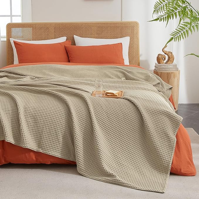 PHF Ultra Soft Waffle Weave Blanket King Size 104"x 90"- Washed Lightweight Breathable Cozy Woven Blanket for Bed - Aesthetic Decor for Couch Bedding Sofa Home Car - Khaki-Ruum Studio Home