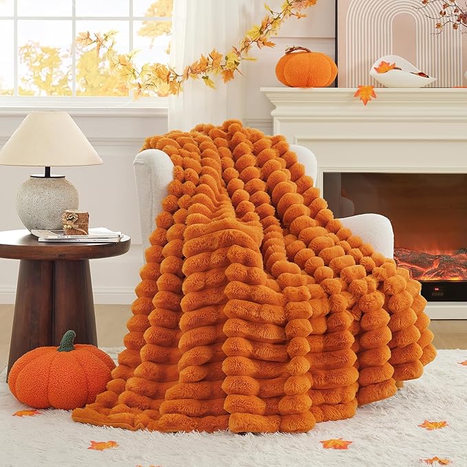Cozy Bliss Fall Harvest Faux Fur Throw Blanket for Couch, Cozy Warm Plush Striped Blanket for for Decorating Couch Sofa Bedroom Living Room,50 * 60 Inches Burnt Orange-Ruum Studio Home