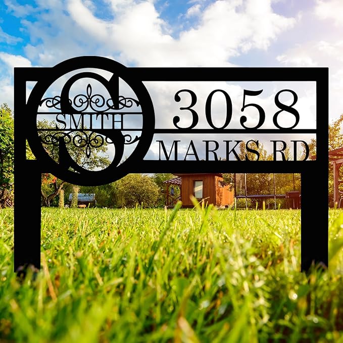 Personalized Metal Yard Address Sign with Last Name and Monogram, House Number Sign for Lawn and Patio-Ruum Studio Home