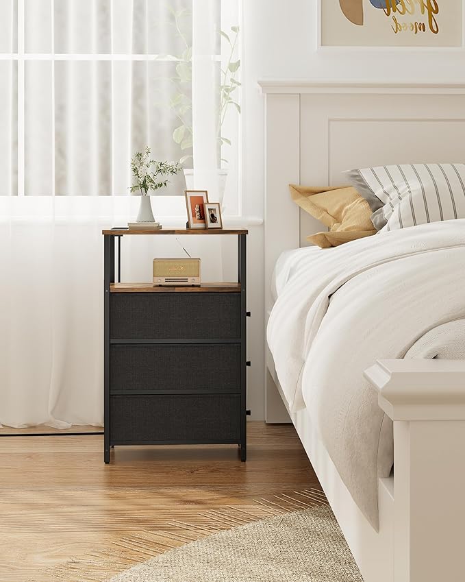 TUTOTAK Narrow Night Stand with Charging Station, Slim End Table with Plugins, Tall Side Table with 3 Fabric Drawer, Small Bedside Table with Storage, Living Room, Bedroom, Brown TB01BB086-Ruum Studio Home