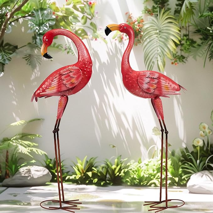 Metal Flamingo Garden Statue, 40" Tall Outdoor Decor Flamingos Yard Art Sculptures and Statues Reinforced Foot, Weatherproof Flamingo Ornaments for Lawn Pool Backyard Decor, Set of 2-Ruum Studio Home