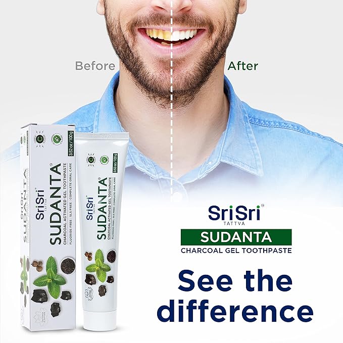 Sri Sri Tattva Sudanta Charcoal Toothpaste Gel – SLS, Fluoride Free Herbal Toothpaste with Neem & Ayurvedic Herbs – Natural Teeth Whitening, Fresh Breath, Oral & Gum Health – 100g Tube (Pack of 3)-Ruum Studio Home