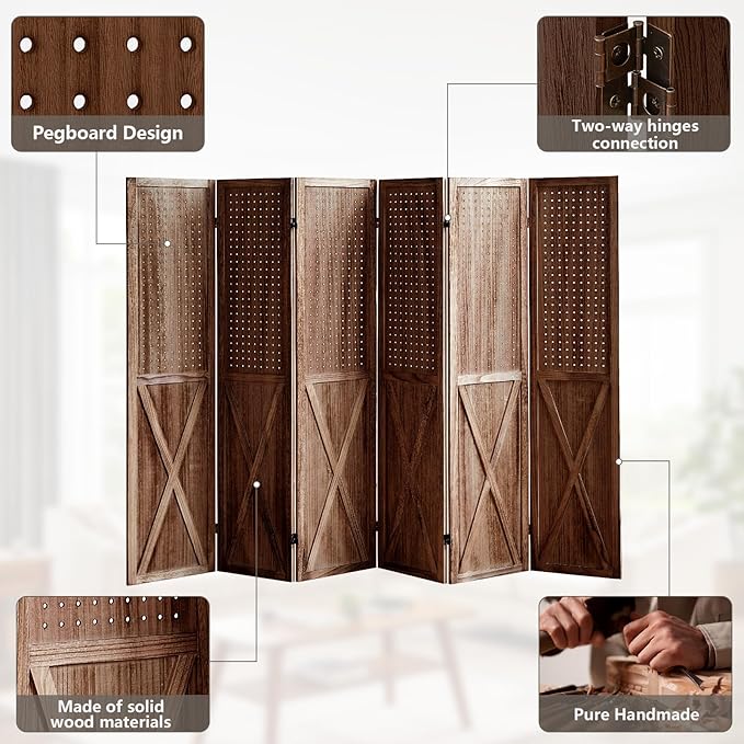 6 Panel Pegboard Room Divider, 5.6Ft Pegboard Display Folding Privacy Screens, Wood Room Divider Peg Board Display Freestanding for Trade Show Craft Show Home Wall Organizer, Brown-Ruum Studio Home