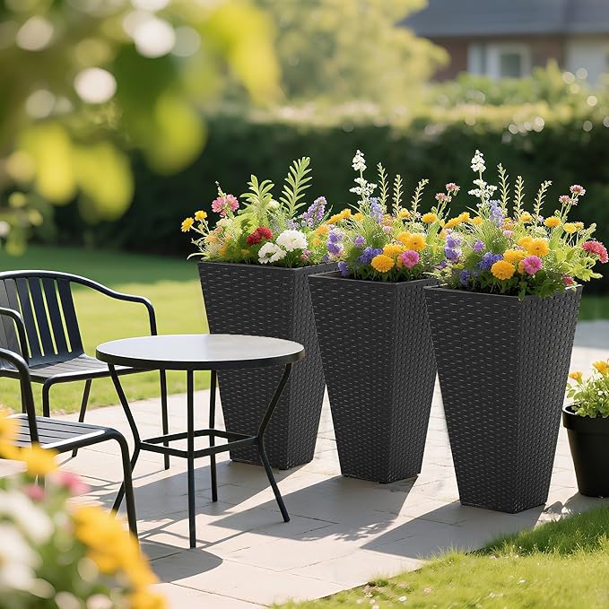 Outsunny Tall Planters for Outdoor Plants Set of 3, 24 in Taper Planters with Drainage Holes, Rattan Decor Plant Pots for Indoor Outdoor Front Porch Patio Backyard, Black-Ruum Studio Home