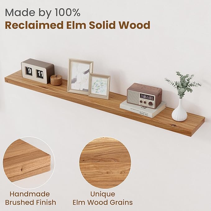 Floating Shelves for Wall Decor, 8" Deep Rustic Solid Elm Wood Floating Shelves Wall Mounted, Wall Shelves with Invisible Bracket for Living Room Bathroom Bedroom Kitchen, 55 Inch Set of 1, Natural-Ruum Studio Home