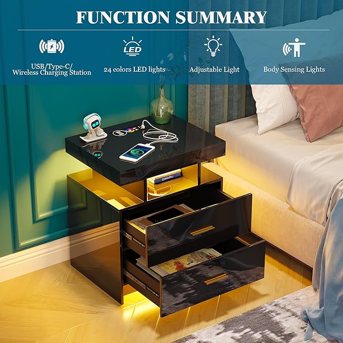Night Stand with Light, High Gloss Nightstand with USB/Wireless Charging Station, LED Black Nightstands with Storage Drawers, RGB Side End Table for Bedroom Furniture（Black）-Ruum Studio Home