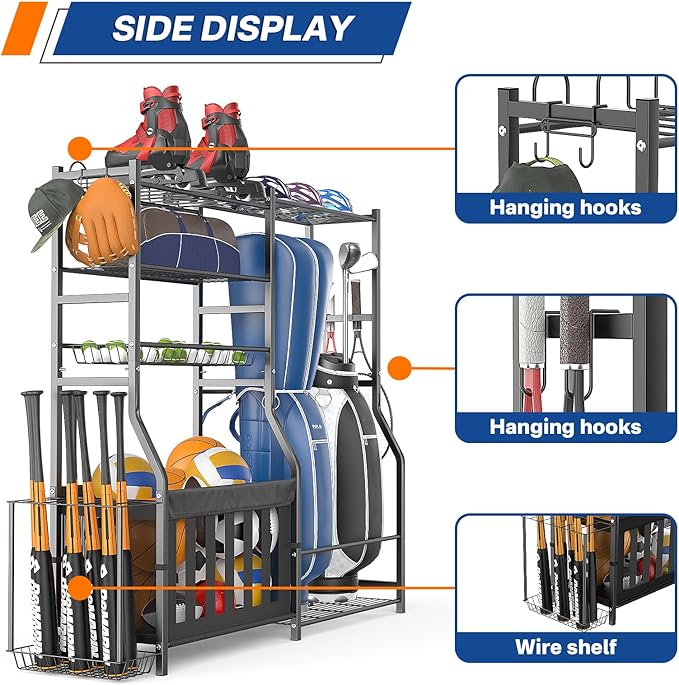 Garage Sports Equipment Organizer, Strong Load Bearing Golf Bag Organizer, Multi Use Golf Ball Rack Basketball Rack for Sports Gear and Outdoor Toy Ball Storage-Ruum Studio Home