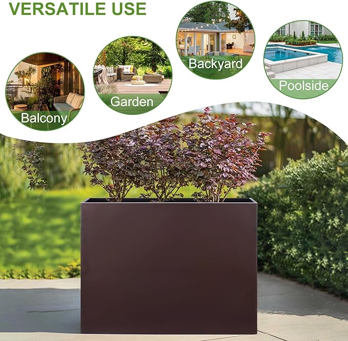 Metal Rectangular Planter Box Tall Planters for Outdoor Plants Modern Heavy Duty with Drainage Holes for Outside Indoor Patio Deck - Brown, 32”x 12”x 24”-Ruum Studio Home