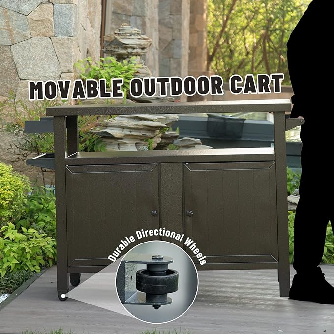 Domi Grill Carts Outdoor with Storage and Wheels, Whole Metal Portable Table and Storage Cabinet for BBQ,Deck,Patio,Backyard (Brown, L45xW20.31xH35.51 Inch)-Ruum Studio Home