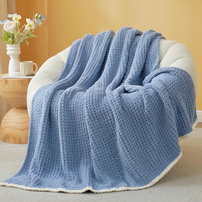Snuggle Sac Ultra Soft Waffle Throw Blanket for Couch Bed Sofa 50x60 inches, Reversible Blue Blanket Microfiber Fluffy Fuzzy Cozy Knit Throws for Women Mothers Birthday Gifts-Ruum Studio Home