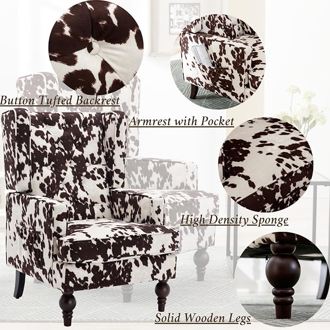 Mid-Century Accent Chair, Upholstered Arm Chair Linen Fabric Side Chair with High Back Solid Wooden Legs, Comfy Reading Chair for Living Room Bedroom, Milk Cow-Ruum Studio Home