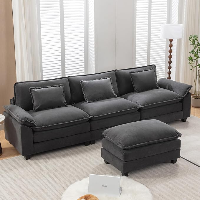 URRED Modular Sectional Sofa Comfy Cloud Couch, Modern Velvet Sofa Sleeper Deep Seat Couches with Ottoman/Pillows for Living Room (Dark Gray, 117''- L Shape)-Ruum Studio Home