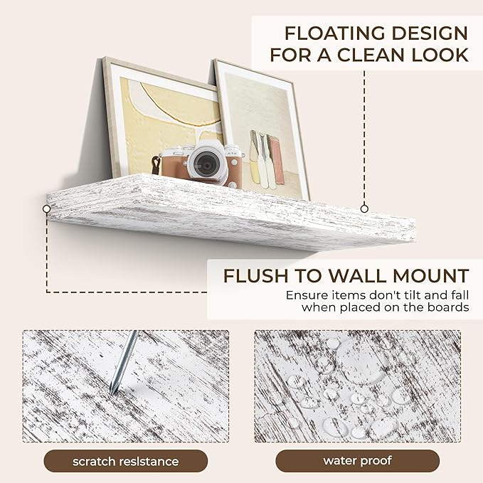 RICHFOCUS 36Inch Floating Shelves for Wall 2 Pack Shelves for Bedroom|Kitchen|Bathroom Wall Mounted Rustic Distressed Wood Floating Shelf with Invisible Brackets for Books|Storage|Decor, Rustic-Ruum Studio Home