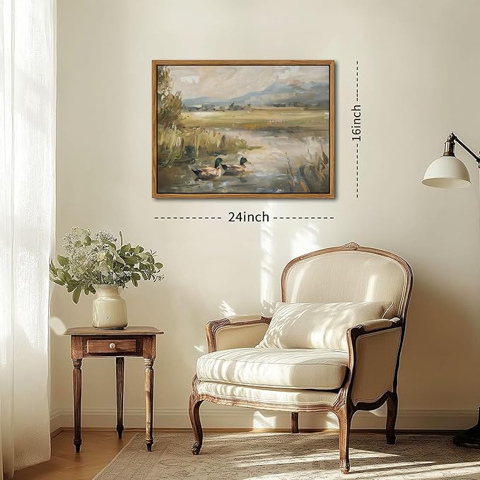 Floating Framed Canvas Wall Art, Vintage Mallard Duck Oil Paintings Print, Countryside Art Wildlife Nature Pond Wall Decor for Living Room, Bedroom, Office, Rustic Decor 16x24 inch-Ruum Studio Home