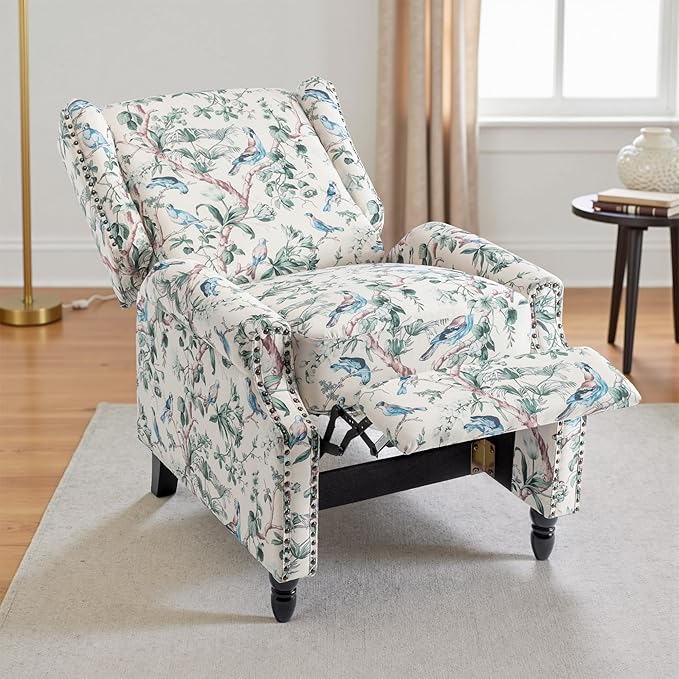 UIXE Floral Pushback Recliner Chair, Fabric Upholstered Armchair Push Back Accent Chair for Living Room, Rivet Trim Club Chair Home Theater Single Sofa Reading Seat - Bird-Ruum Studio Home