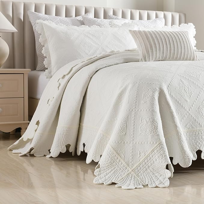 MarCielo 3-Piece 100% Cotton Oversized Bedspread Lightweight Quilt Coverlet Embroidery Farmhouse Bedding Set (TK White, Oversized King (118"x106"))-Ruum Studio Home