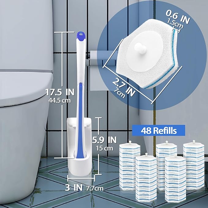 JEHONN Disposable Toilet Brush with 48 Wand Cleaner Refills, Wall Mounted Toilet Bowl Brush Holder Set, Bathroom Cleaning System for Sink Bathtub Wash Basin (Blue)-Ruum Studio Home