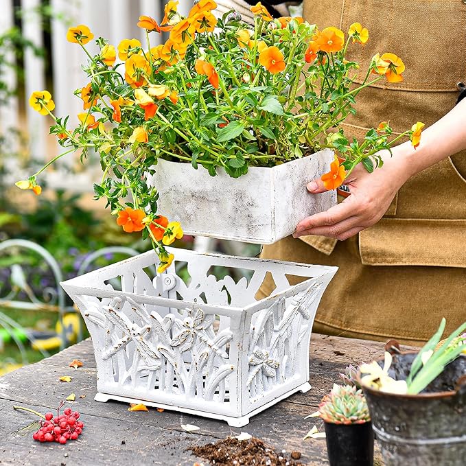 Sungmor Heavy Duty Cast Iron Planter Basket w/Non-Woven Growing Bag, Unique Shape & Beautiful Pattern Design, Hollow Orchid Flower Pot Garden Tools Holder, Rust White French Country Decor Container-Ruum Studio Home