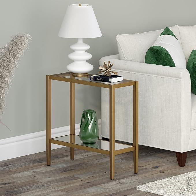 Henn&Hart 24" Wide Rectangular Side Table with Glass Shelf in Antique Brass, Table for Living Room, Bedroom-Ruum Studio Home