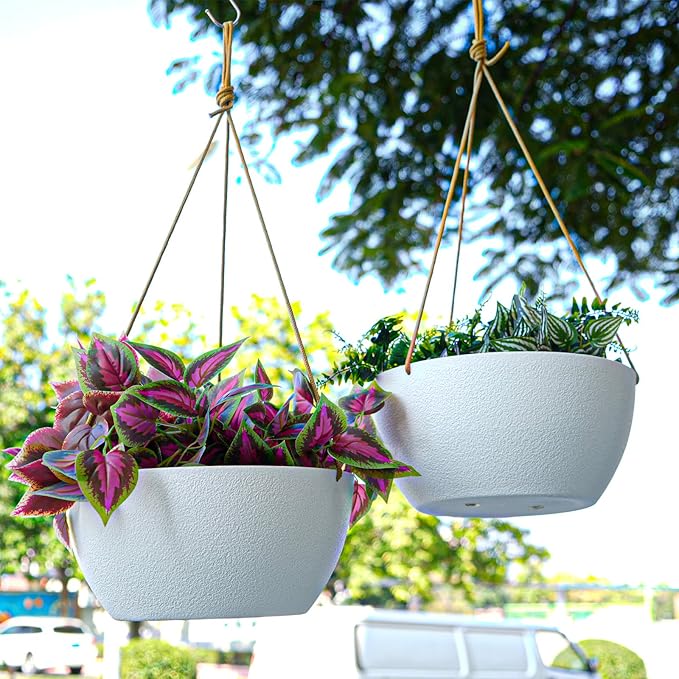 13 Inch 2 Pack Large Hanging Planters for Indoor Outdoor Plants, Plastic Hanging Basket Pots for House Plants Flowers, White-Ruum Studio Home