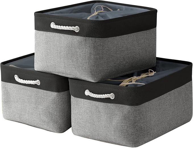 TheWarmHome Organization and Storage Basket for Organizing - 17x14x10 inch Large 3 Pack Collapsible Storage Bin for Shelves, Fabric Basket for Gifts Empty Organizer Gift Closet (Black & Grey)-Ruum Studio Home
