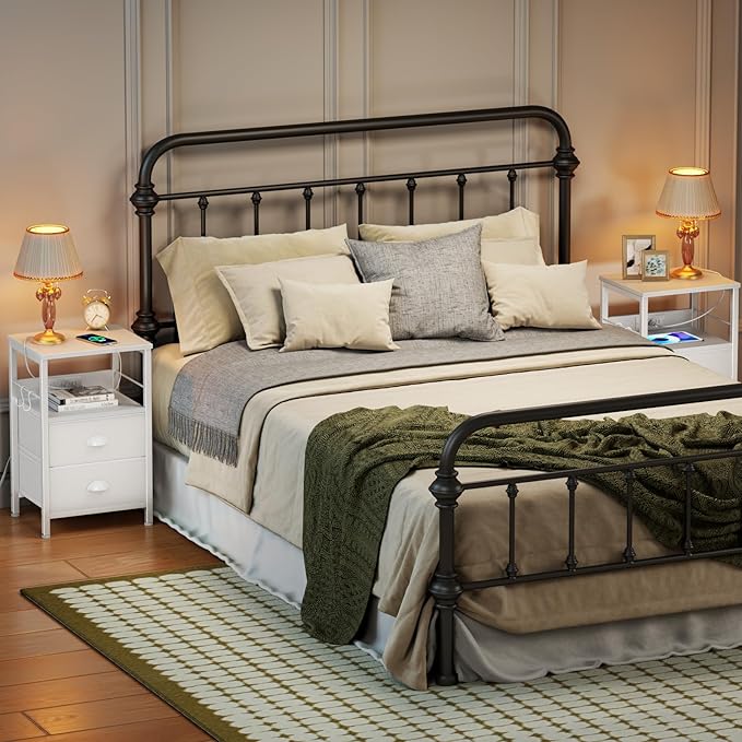 Furologee Nightstands Set of 2, Night Stands with Charging Station, Side Tables with 2 Fabric Drawers, End Tables with Storage Shelves, for Bedroom, White-Ruum Studio Home