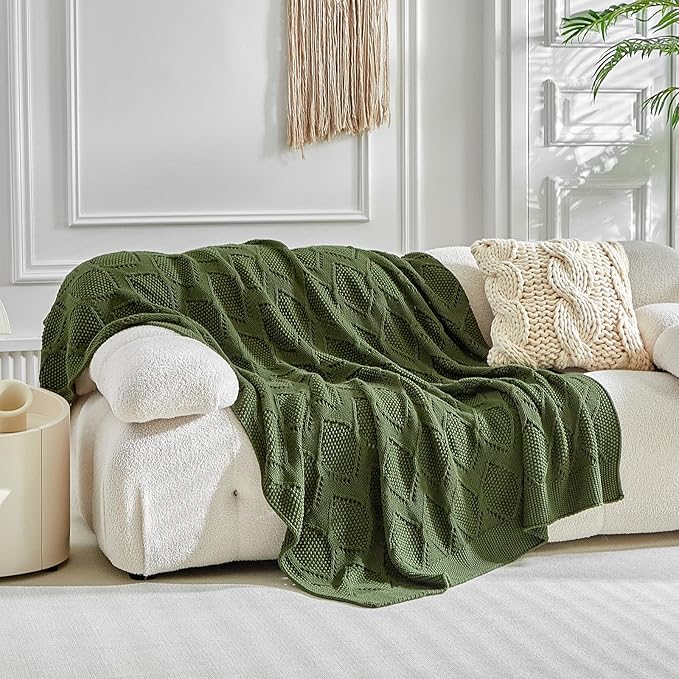 Longhui bedding Chunky Cotton Knit Throw Blanket for Couch, Sofa, Bed, or Chair, Decorative Breathable Fall Cable Knit Blanket 60 x 80 Inches, Large Olive Green-Ruum Studio Home