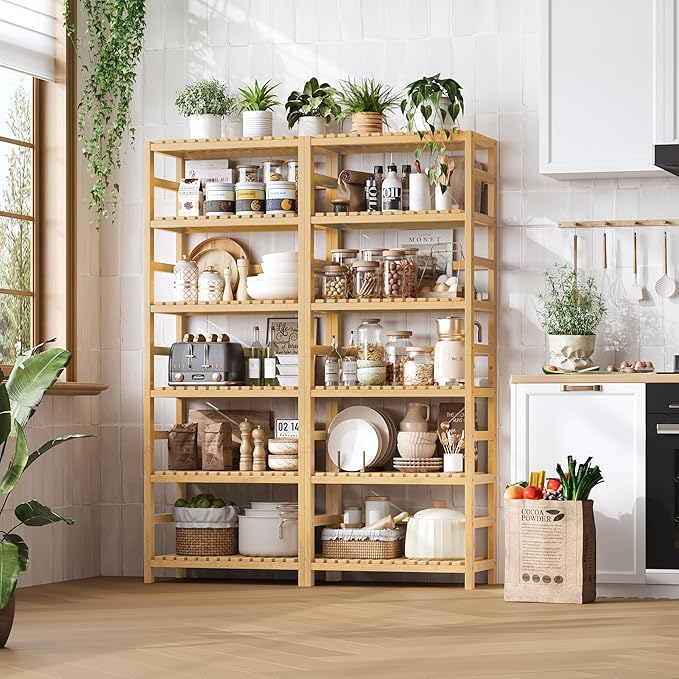 FOTOSOK 6-Tier Bamboo Shelf, Bamboo Bookcase with Adjustable Shelves, Free Standing Storage Shelf Unit, Plant Flower Stand for Kitchen, Bathroom, Home Office, Natural-Ruum Studio Home