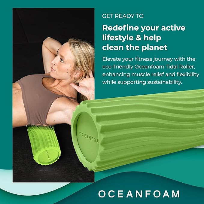 Oceanfoam Tidal Roller - Algae Green - Muscle Massage Foam Roller for Back Pain & Stretching - Firm and Ergonomic Wide Wave Textured - Yoga, Athletics, & Wellness - Full Size, 20" x 5"-Ruum Studio Home