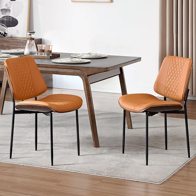 BV Dining Chairs Set of 2, PU Leather Armless Kitchen Chair in Modern Walnut Style, Mid Century Bentwood Side Chair with Metal Legs, Retro Accent Guest Chair for Kitchen Dining Room(Brown)-Ruum Studio Home