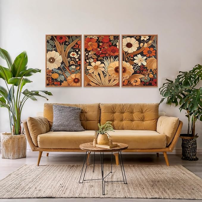 Aurlan Boho Burnt Orange Terracotta Wildflowers Framed Wall Art(16"x24"), 3 PCS Abstract Floral 3D Textured Canvas Artwork, Large Modern Vintage Botanical Nature Art Wall Decor for Home Office Living Room Bedroom-Ruum Studio Home