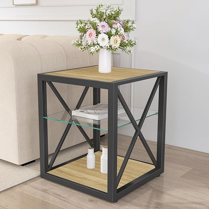 Farmhouse End Table, Modern Side Table with 3-Tier Storage Shelf, Square Rustic Nightstand, Accent Tea Table, for Bedroom Office Living Room, Brown, Natural Wood, Glass, Metal-Ruum Studio Home