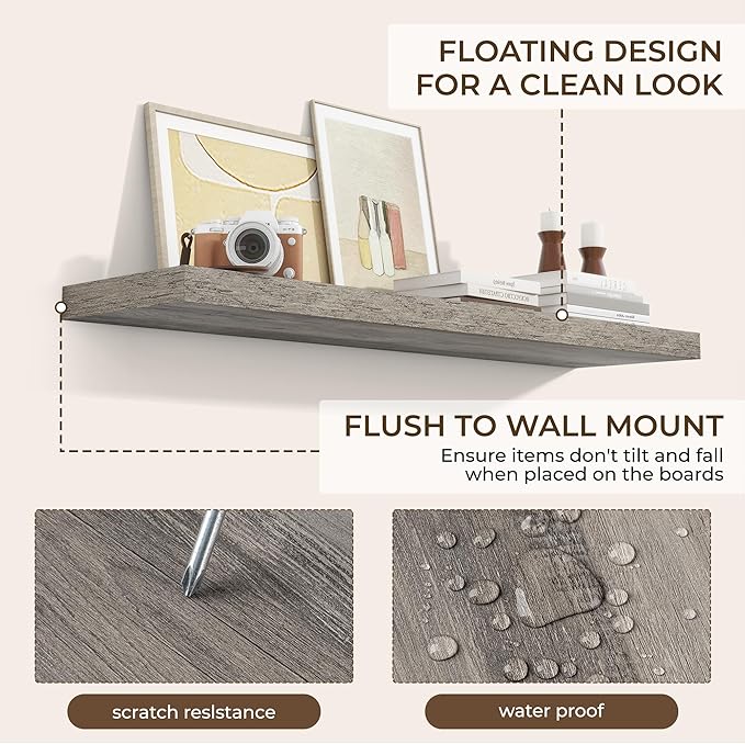 RICHFOCUS 48Inch Floating Shelves for Wall 1 Pack Shelves for Bedroom|Kitchen|Bathroom Wall Mounted Rustic Wood Floating Shelf with Invisible Brackets for Books|Storage|Decor, Grey-Ruum Studio Home