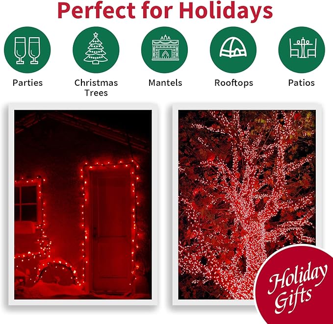 Red Wide Angle LED Christmas Lights, 64.8 Ft 300 Count, Pack of 3 Strands 21.9 Ft 100 Lights UL Certified Commercial Grade Green Wire 5mm Holiday String Light-Ruum Studio Home