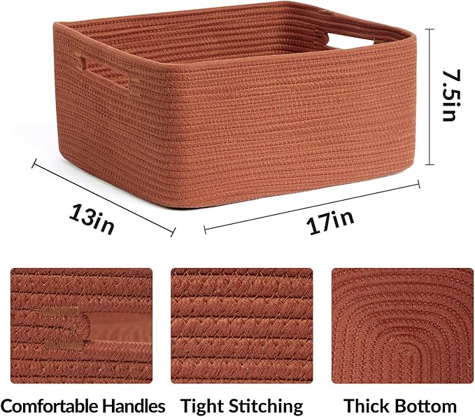 Large Storage Baskets for Organizing, Closet Shelf Baskets for Clothes Blanket Towels, Baby Nursery, Toy Bins Box, Woven Rope Baskets, 17 x 13 x 7.5”, 4 Packs Oxide Red-Ruum Studio Home