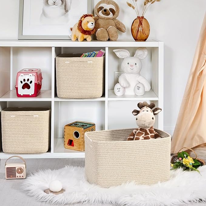 3-Pack Shelf Baskets for Organizing, Woven Storage Basket for Shelves, Cotton Rope Storage Bins for Toys Books, Nursery Towel Baskets for Classroom, 14.96"X9.8"X8.85", Brown-Ruum Studio Home